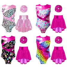 Kids Girl's Bodysuit With Skirt Hair Tie Workout Dancewear Jazz Outfit 3 Pieces