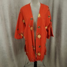 New Umgee Cardigan Womens Medium Red Embroidered Flowers Tasseled Raw Hem