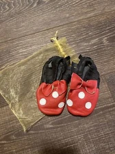 leather moccasins baby 18-24 months red black polka dot minne mouse fringe