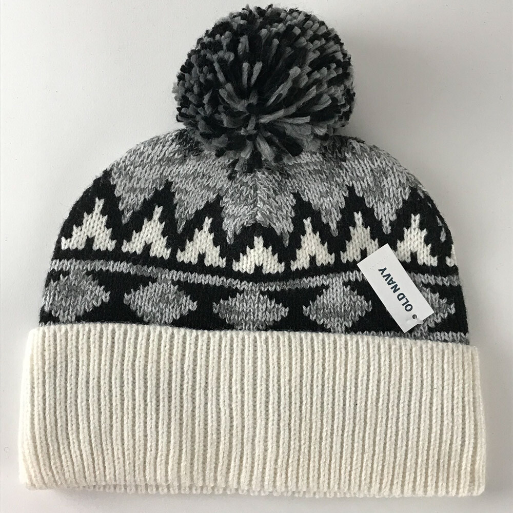Gray White Geometric Pattern Old Navy Winter Pom … - image 1