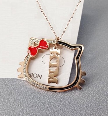 Big Titanium S.Steel Rose Gold Red Bow Hello Kitty Cat Pave CZ Necklace