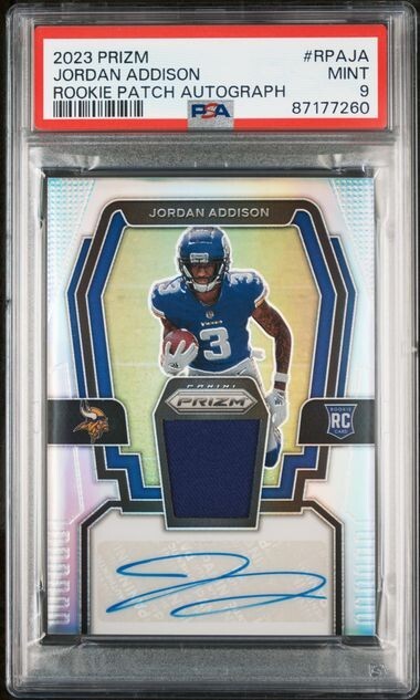 2023 Prizm Jordan Addison RC Rookie Patch Autographs Silver /99 PSA 9