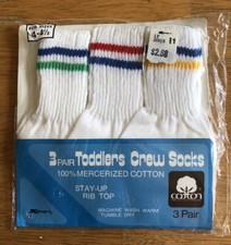 Vintage Toddler Crew Socks 3 Pair NEW White with Stripes NOS Sz 4-4 1/2 Kmart