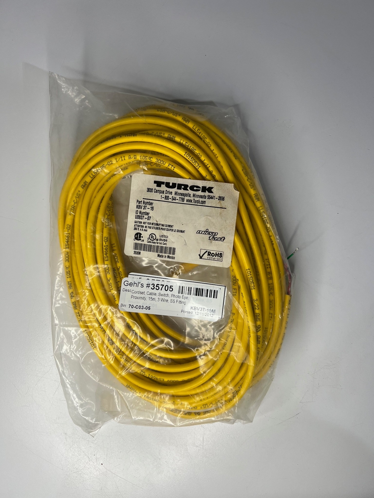 TURCK 15M Sensor Cable w/ Stainless Steel Straight Female Connector KBV 3T-15