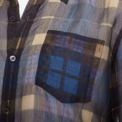 DRIES VAN NOTEN blue beige cotton silk sheer checked shirt