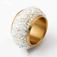 CZ Eternity Ring Women's 9 Stainless Steel Golden Band 7-Row Iridescent Crystals