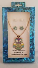 Owl Necklace 18" Chain and 2 Pairs of Earrings Cute Children Jewelry Gift