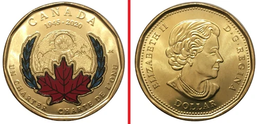 1 $ CANADA UNITED NATIONS CHARTER 75 years Dollar 2020 Commemorative Coin Colour