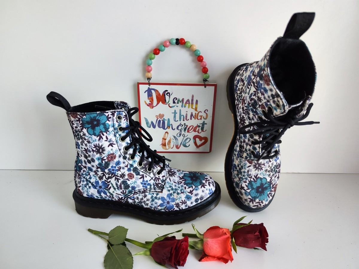 Dr Martens Page pascal canvas blue flowers floral 1460 hole boots UK4  EU37 US6