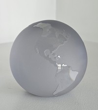 Vintage World Globe Earth Paperweight Etched Frosted Crystal Glass EC 