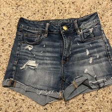 American Eagle Super Stretch Hi Rise Shortie Distressed Denim Jean Shorts Size 4