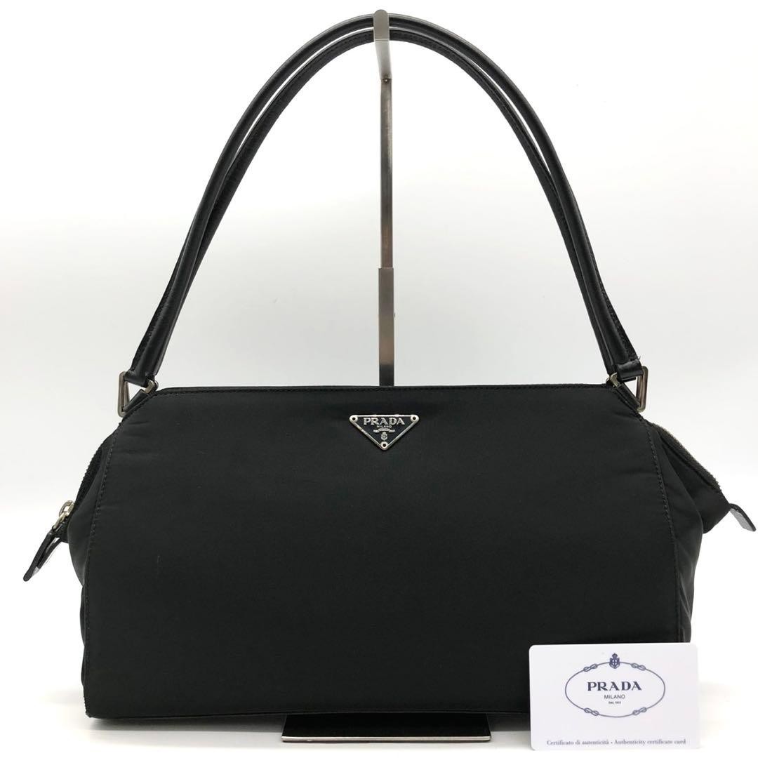 PRADA Handbag Triangle Logo Nylon Leather Black Authentic