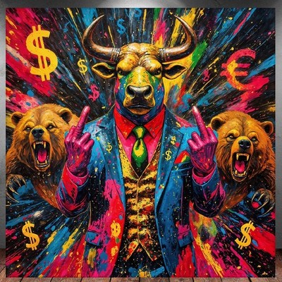 LEINWAND BILD XXL ABSTRAKT BULLE BÄR STIER WALL STREET BÖRSE GRAFFITI BUNT P1678
