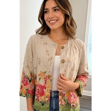 Linen Floral Button Up Jacket Top Women s 12 ...