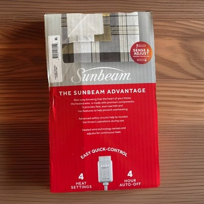 Sunbeam Microplush Oversized Heated Throw 60X80 Inch Grey/Brown Plaid 4 Settings