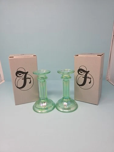 2 FENTON Yenowine Green Iridized 6" Candlestick Holders Vintage QVC#C20763 NOS