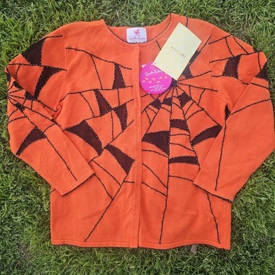 NWT Quacker Factory Halloween Beaded Spiderweb Orange Tacky Cardigan Sweater M