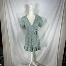 Altar'd State Melaney Floral Wrap Mini Dress Sage Green Puff Sleeve Womens M