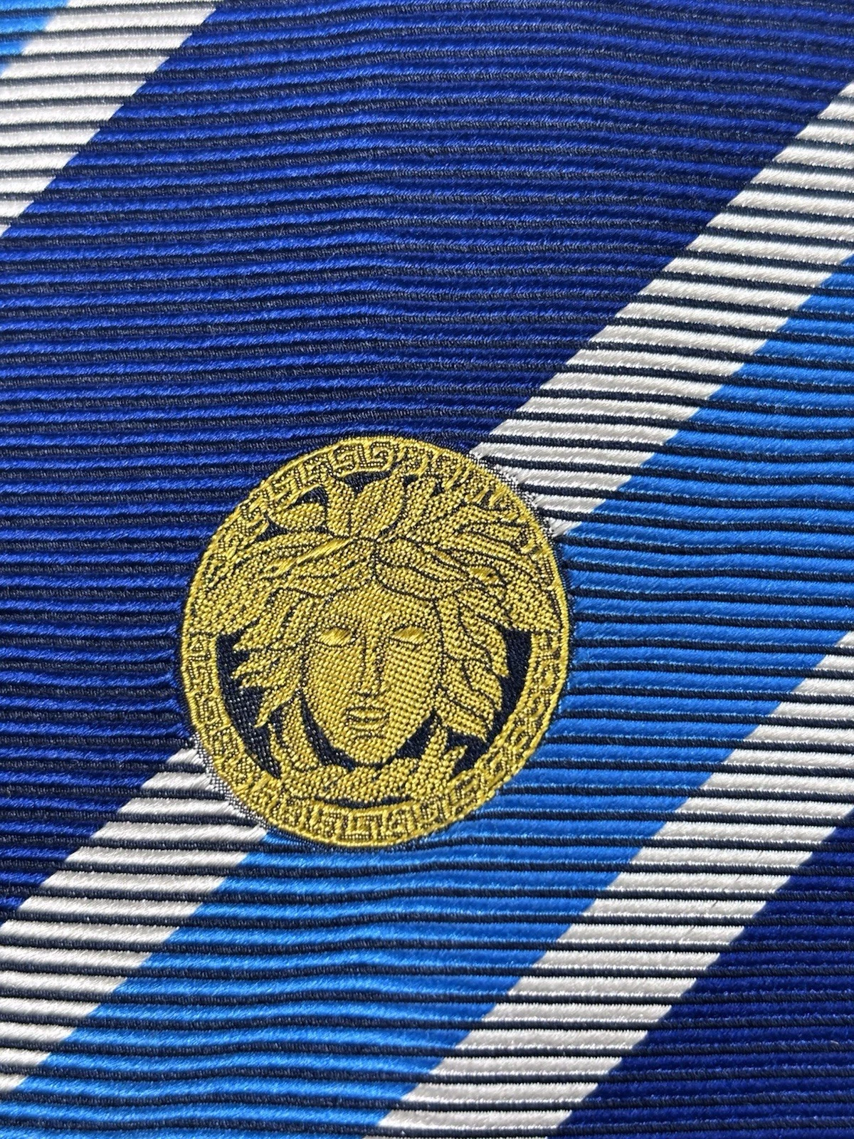 Vintage Gianni Versace Silk Tie Navy Blue Light Blue Silver Stripe Gold Medusa - product detail image 3