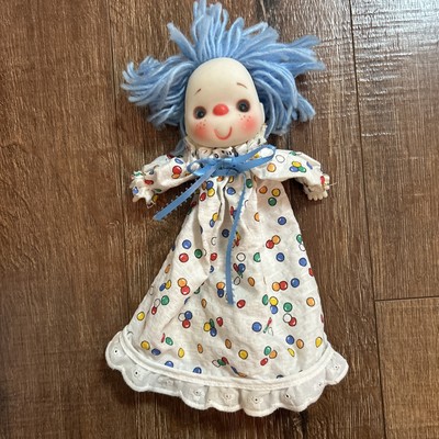 Vintage Ice Cream Clown Like Doll Face Hand Puppet With Blue Yarn Hair