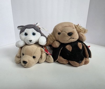 TY Beanie Babies Retired Dog Lot Of 4 With Tags Doby, Fetch, Nanook, Spunky