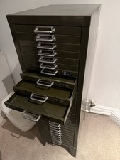 Vintage Stor 30 Drawer Green Metal Cabinet 99cm High, 29cm Wide, 39cm Deep