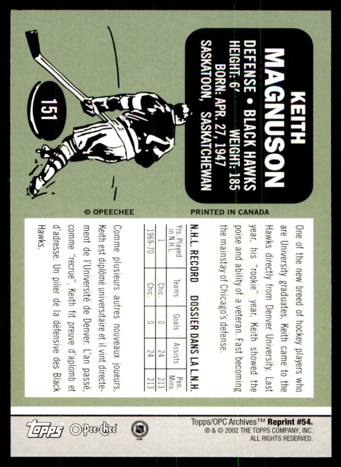 2001-02 Topps / O-Pee-Chee Archives Keith Magnuson #54 - Image 2 of 2