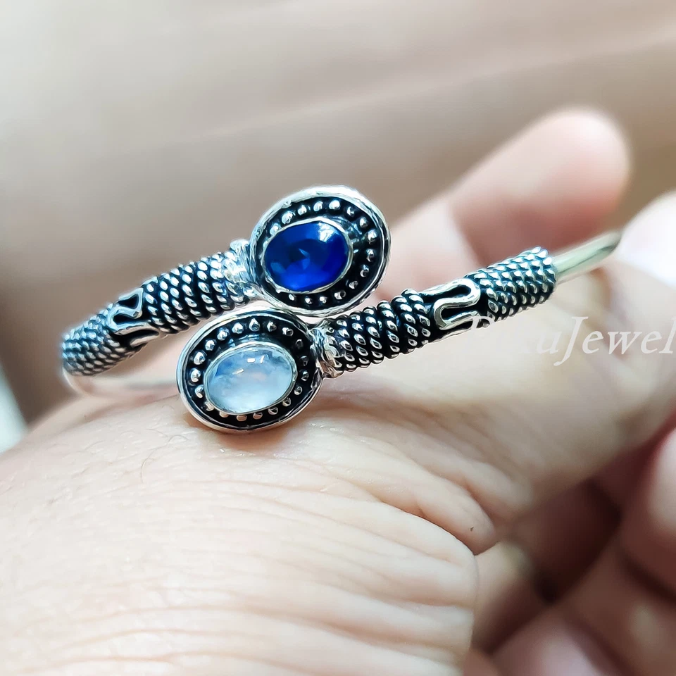 Brazalete brazalete de plata de ley 925 con piedras preciosas de luna y tanzanita para función Foto 2 de 4