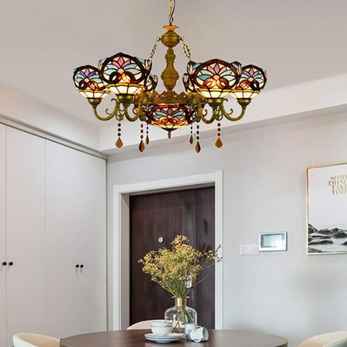 Tiffany Chandelier Pendant Light 7 Heads Dome Shade Glass Hanging Ceiling Lamp - Picture 12 of 14