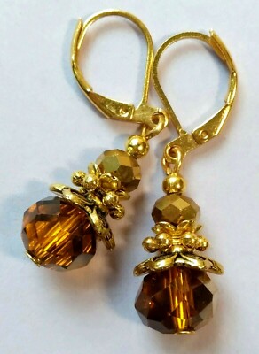 DARK AMBER COLOR two toned crystal earring GP LEVERBACK artisan XX