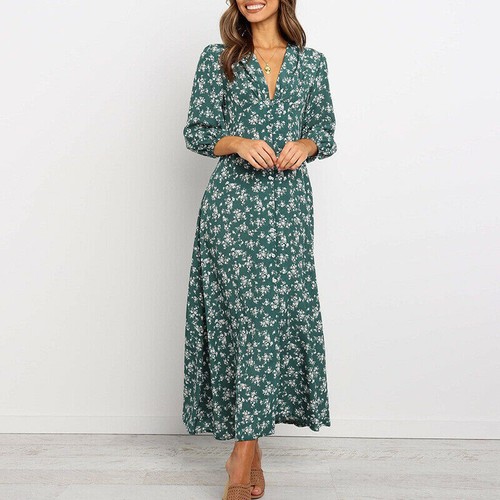 Women Beach Boho Long Dress Holiday Floral skirt Summer Maxi Dress 3/4 Sleeve - Picture 3 of 12