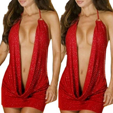 Sexy Women's Plunge V Neck Clubwear Party Dress Sleeveless Mini Bodycon Babydoll