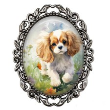 Cavalier King Charles Puppy Dog In Flower Garden Gift Pin Sweater Scarf Brooch