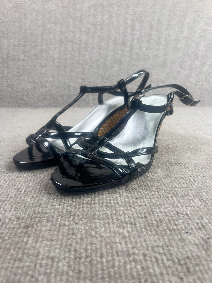 Sandalias Nine West para mujer 8,5 charol negro cuña alpargata correa al tobillo Foto 2 de 4