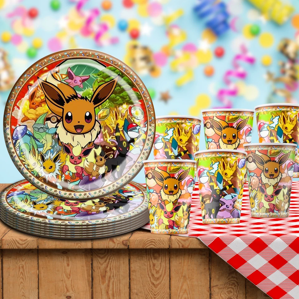 POKEMON EEVEE SUMINISTROS DE FIESTA DECORACIÓN DE CUMPLEAÑOS GLOBO VAJILLA REMOLINO Foto 3 de 4