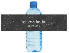 100 Modern Black Glitter Wedding Birthday Party Water Bottle Labels 8"x2"