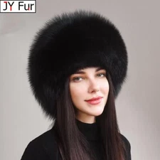 Womens Real Fox Fur Hat Russian Winter Warmer Ear Cap Ushanka Cossack Ski Black