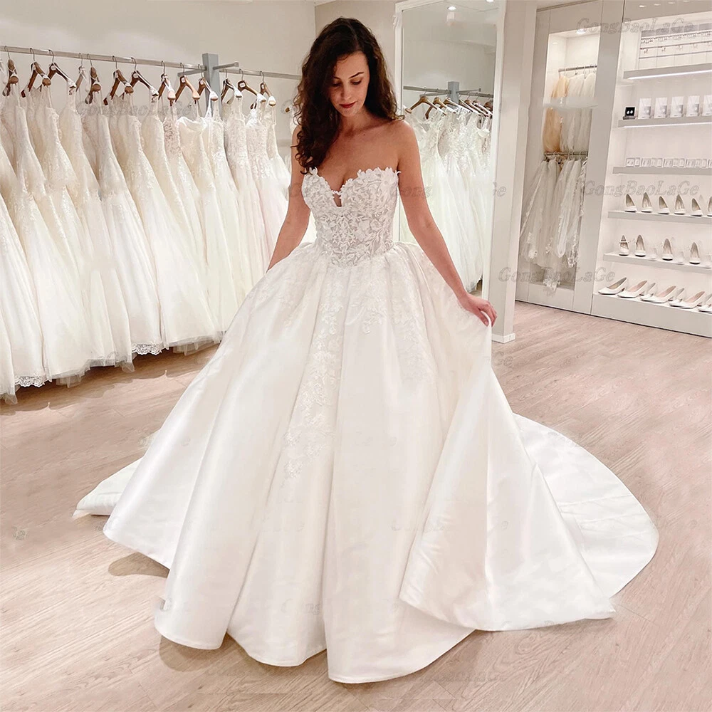 Satin Wedding Dresses Ball Gown White Ivory Sweetheart Chapel Train Bridal  Gowns | eBay