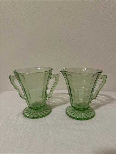 Vaseline Green Depression Glass Creamer Pitcher And Sugar Bowl