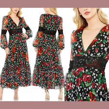 NWT $598 Mac Duggal [ 16 ] V Neck Floral Long Puff Sleeve Ruffle Dress #G1686