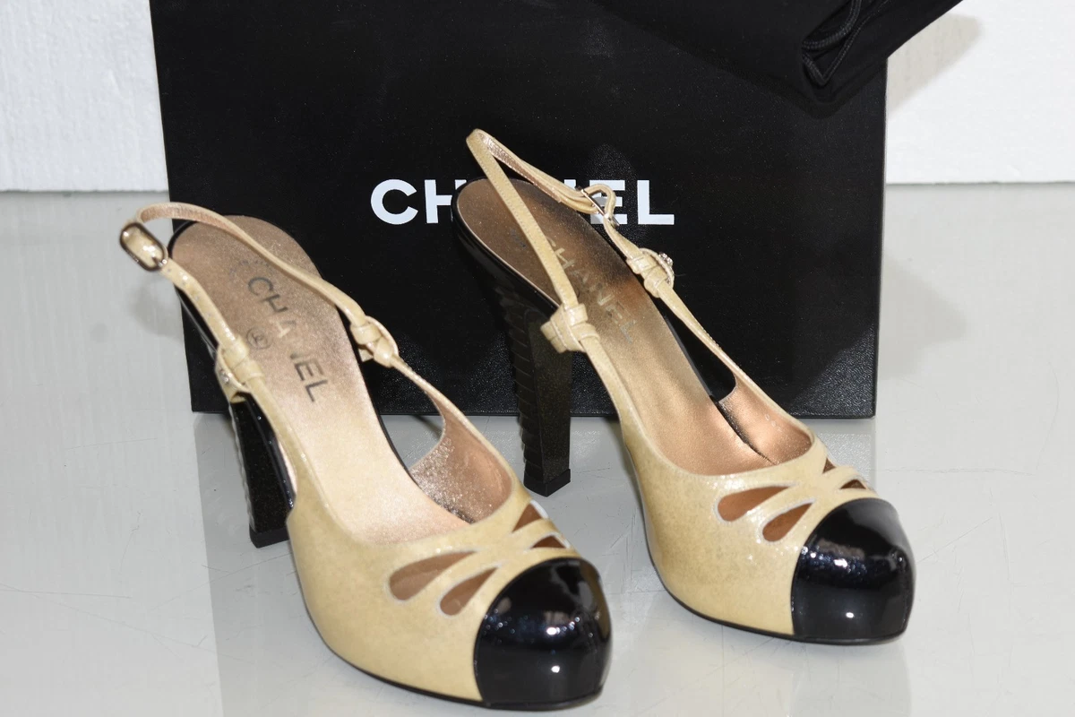 Nuevo CHANEL Beige Charol Purpurina Plataforma Zapatos 37 39 | eBay