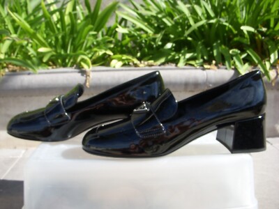 Prada VERNICE Block Heel Loafer Black Patent Leather w/Logo Italy