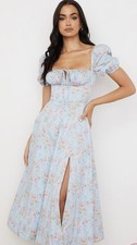 House Of Cb TALLULAH Blue Vintage Floral Puff Sleeve Midi Dress