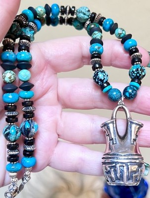 BEAUTIFUL Southwest Sterling Silver Turquoise, Jet & Onyx Wedding Vase Necklace