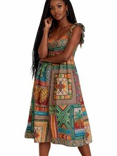 Farm Rio Banana Scarves Patchwork Cotton Midi Dress Size S