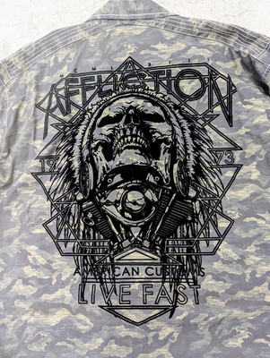 Affliction Live Fast Shirt, 3XL, Chief, Skull, Camo print-army green,gray, black