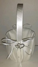 Bridal Wedding Flower Girl Basket White Silk W/Rhinestone Hearts Bow Embellished
