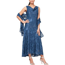 Alex Evenings Women's Floral Print Cowl Neck Tea Length, Wedgewood, 8R