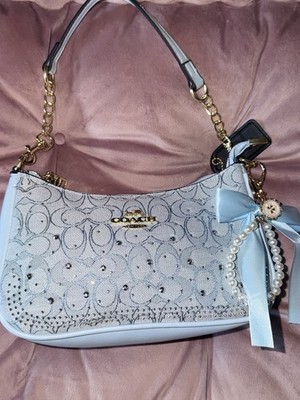 Coach White Signature Logo Small Shoulder Bag Zip Bow Charm Gold Hardware