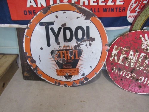 New ListingVINTAGE ORIGINAL 1920's TYDOL WITH ETHYL PORCELAIN SIGN - GAS STATION SIGN DS